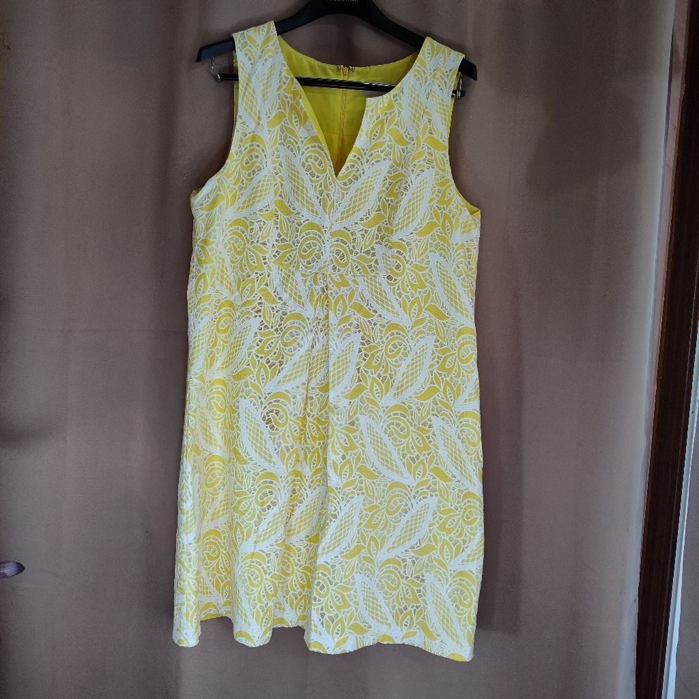 Loft Dress Womens 14 Yellow White Lace Overlay Double Layer Shift Vneck Zip